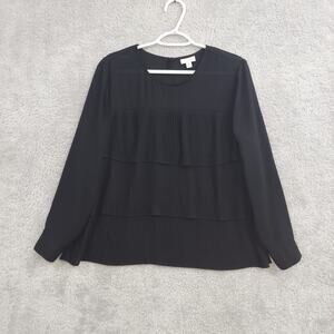 J Jill Top Large Petite Black Tiered Pleated Ruffle Blouse Feminine Long Sleeve